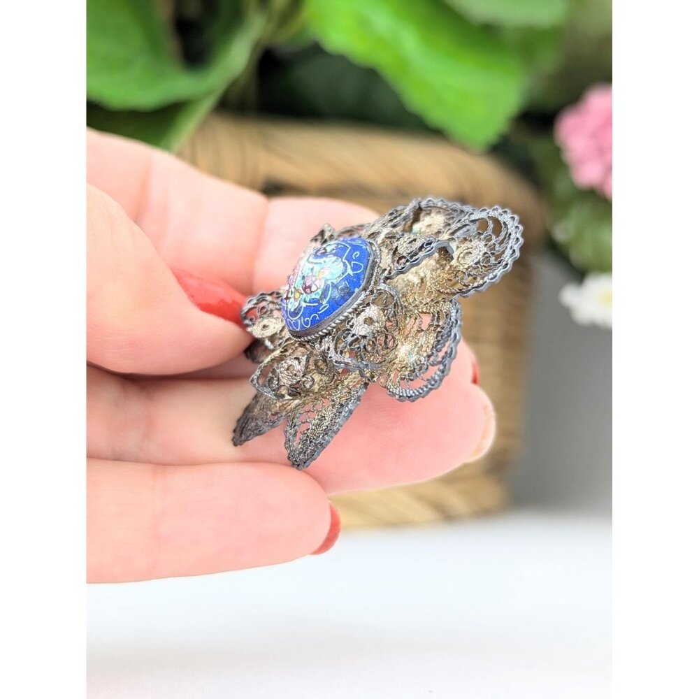 Antique 1900s Sterling Silver Filigree Brooch Hand-painted Enamel Edwardian Era - Picture 4 of 7